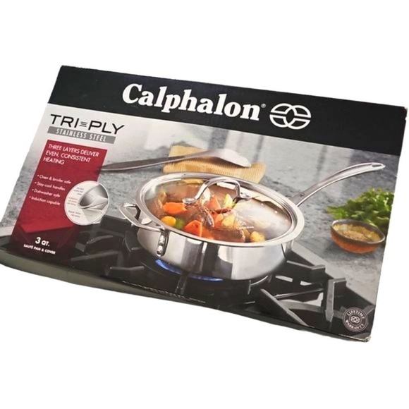 Calphalon Tri-Ply Stainless Steel 3-Quart Saute Pan with Cover New in Box ($120 - Picture 1 of 5